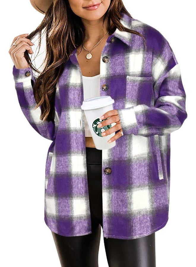 Beaully Women's Plaid Shacket Jacket Long Sleeve Button Down Flannel Shirts Fashion Jacket Fall Winter Clothes, Purple Grey, XXL - Image 4