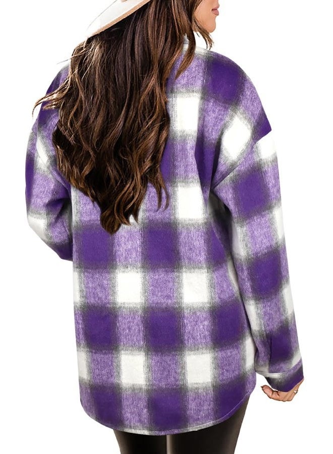 Beaully Women's Plaid Shacket Jacket Long Sleeve Button Down Flannel Shirts Fashion Jacket Fall Winter Clothes, Purple Grey, XXL - Image 3
