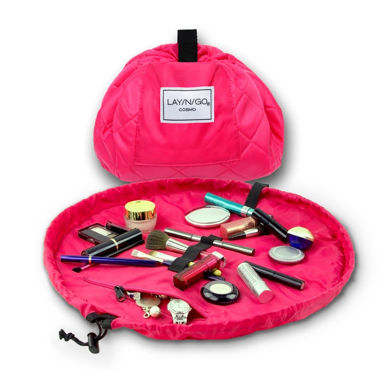 Lay-n-Go Cosmo Layflat Drawstring Cosmetic & Makeup Bag Organizer w/Zipper Pocket, Brush Loops & More, Cinch to Close, Lay Flat to Use, Durable, Machine Wash, Travel Toiletry Bag (20", Pink) - Image 1