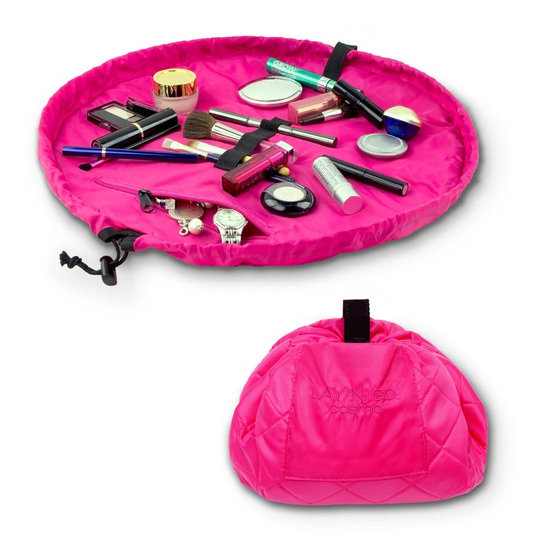 Lay-n-Go Cosmo Layflat Drawstring Cosmetic & Makeup Bag Organizer w/Zipper Pocket, Brush Loops & More, Cinch to Close, Lay Flat to Use, Durable, Machine Wash, Travel Toiletry Bag (20", Pink) - Image 4