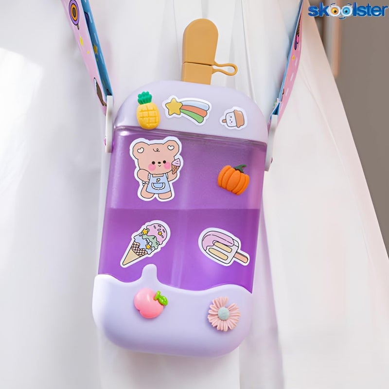 Skoolster Cute Kids’ Water Bottle – Ice Cream-Themed, 400 ML, BPA-Free, Leak-Proof, with Stickers & Adjustable Strap – Lightweight & Durable for School & Travel (Pink) - Image 4