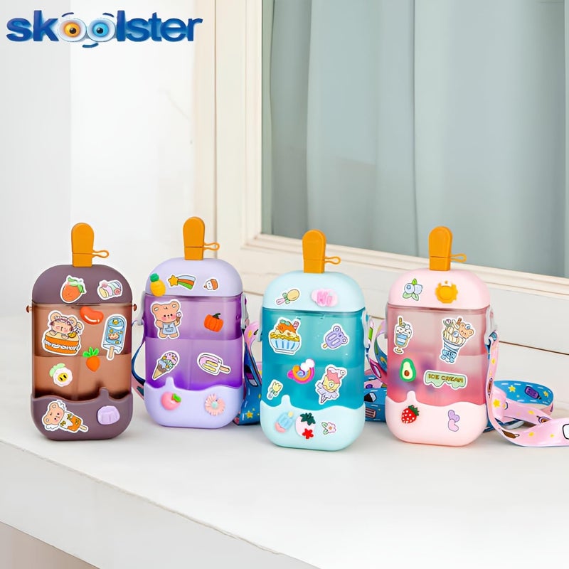 Skoolster Cute Kids’ Water Bottle – Ice Cream-Themed, 400 ML, BPA-Free, Leak-Proof, with Stickers & Adjustable Strap – Lightweight & Durable for School & Travel (Pink) - Image 3