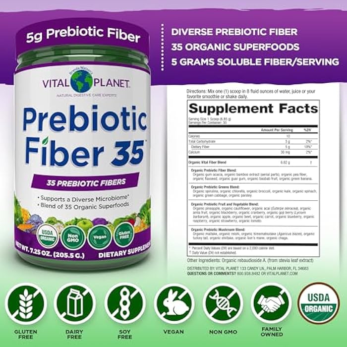 Vital Planet - Fiber 35 Powder Diverse Fiber Supplement for Dietary Support and Occasional Constipation with 35 Prebiotic Fibers and 35 Organic Superfoods to Maintain Bowel Regularity, 6.77 oz - Image 2