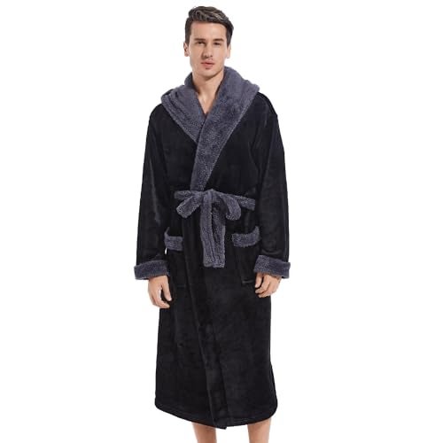 Inner Wish Mens Hooded Robe, Plush Long Bath robes Cozy Warm Bathrobe Fuzzy male Spa Robe With Pockets，BLACK+DARK GREY，L/XL - Image 2