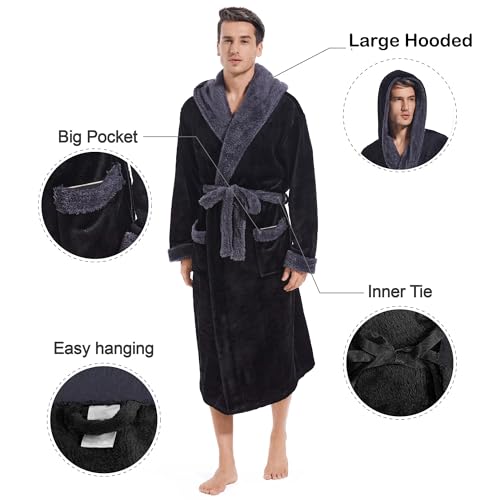 Inner Wish Mens Hooded Robe, Plush Long Bath robes Cozy Warm Bathrobe Fuzzy male Spa Robe With Pockets，BLACK+DARK GREY，L/XL - Image 4