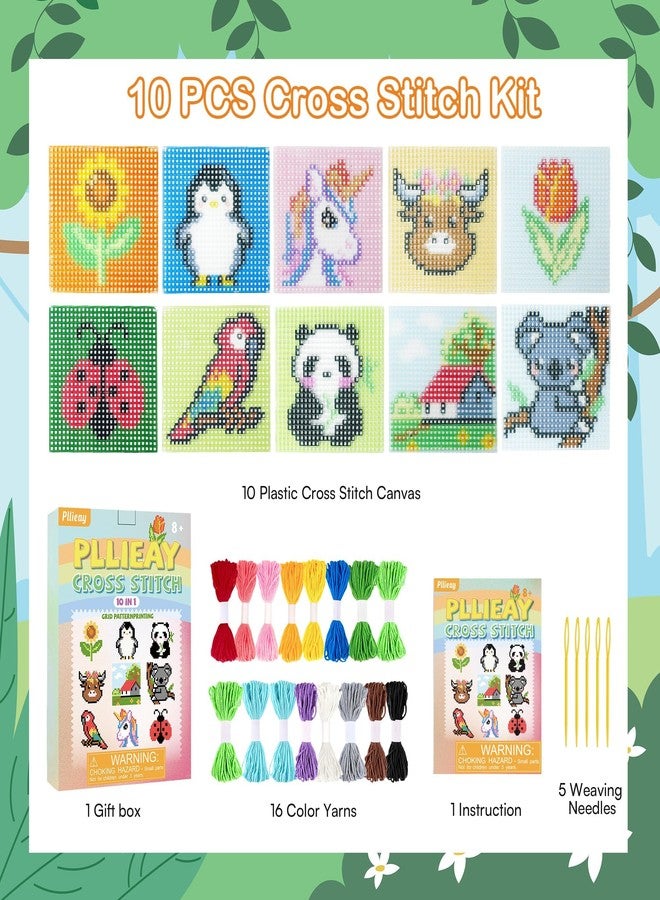 Pllieay 10-in-1 Cross Stitch Kit for Beginners, Easy Needlepoint Kit for Kids, Includes 10 Pre-Printed Pattern Plastic Canvases, 16 Color Yarns, Needles, Instructions for Needlepoint Sewing Crafts - Image 3