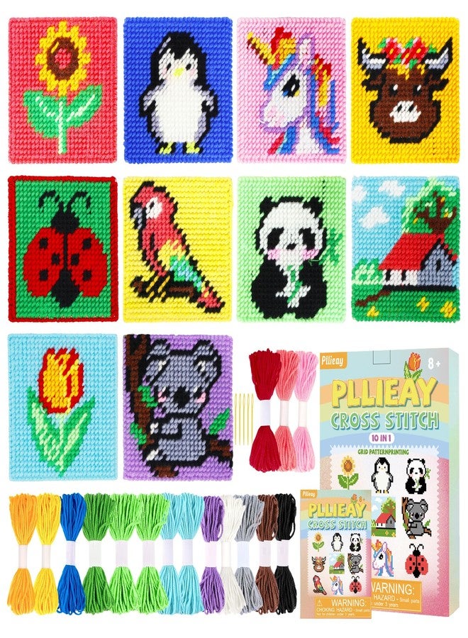 Pllieay 10-in-1 Cross Stitch Kit for Beginners, Easy Needlepoint Kit for Kids, Includes 10 Pre-Printed Pattern Plastic Canvases, 16 Color Yarns, Needles, Instructions for Needlepoint Sewing Crafts - Image 1
