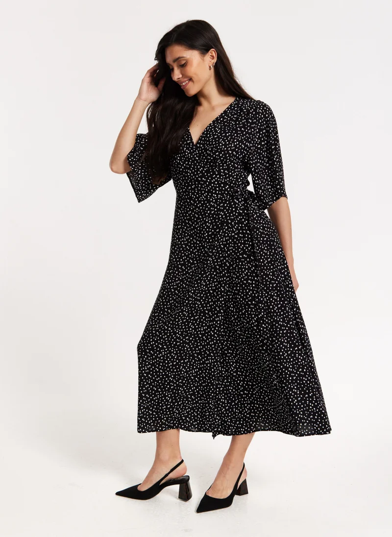 Liquorish Black Polka Dot Kimono Wrap Maxi Dress