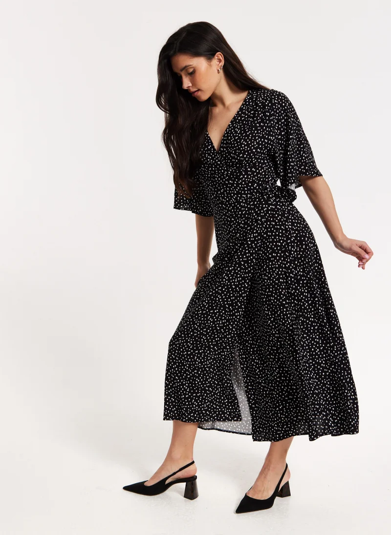Liquorish Black Polka Dot Kimono Wrap Maxi Dress