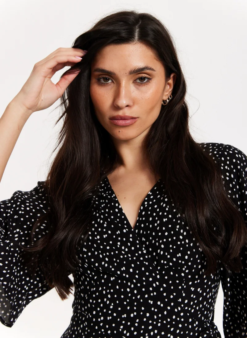 Liquorish Black Polka Dot Kimono Wrap Maxi Dress
