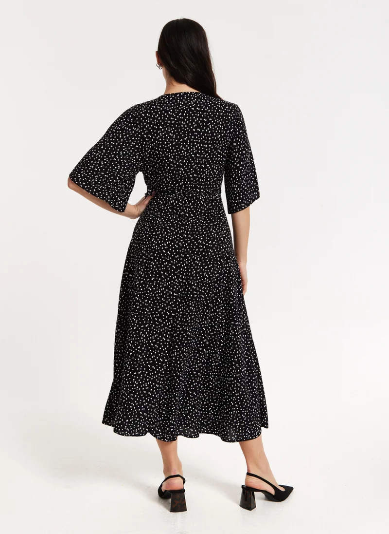 Liquorish Black Polka Dot Kimono Wrap Maxi Dress
