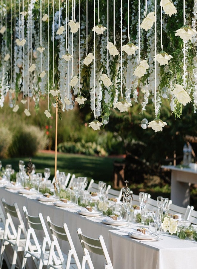Glitinsel 50 Set Artificial Rose Hanging Flower Decorations DIY Flaoating Flower Garland Hanging Flowers from Ceiling Dangling White Rose Strings for Wedding Baby Shower Birthday Floral Party Decor - Image 4