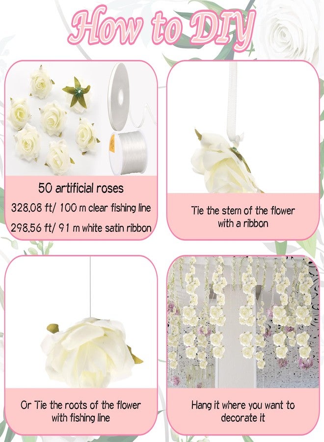 Glitinsel 50 Set Artificial Rose Hanging Flower Decorations DIY Flaoating Flower Garland Hanging Flowers from Ceiling Dangling White Rose Strings for Wedding Baby Shower Birthday Floral Party Decor - Image 2