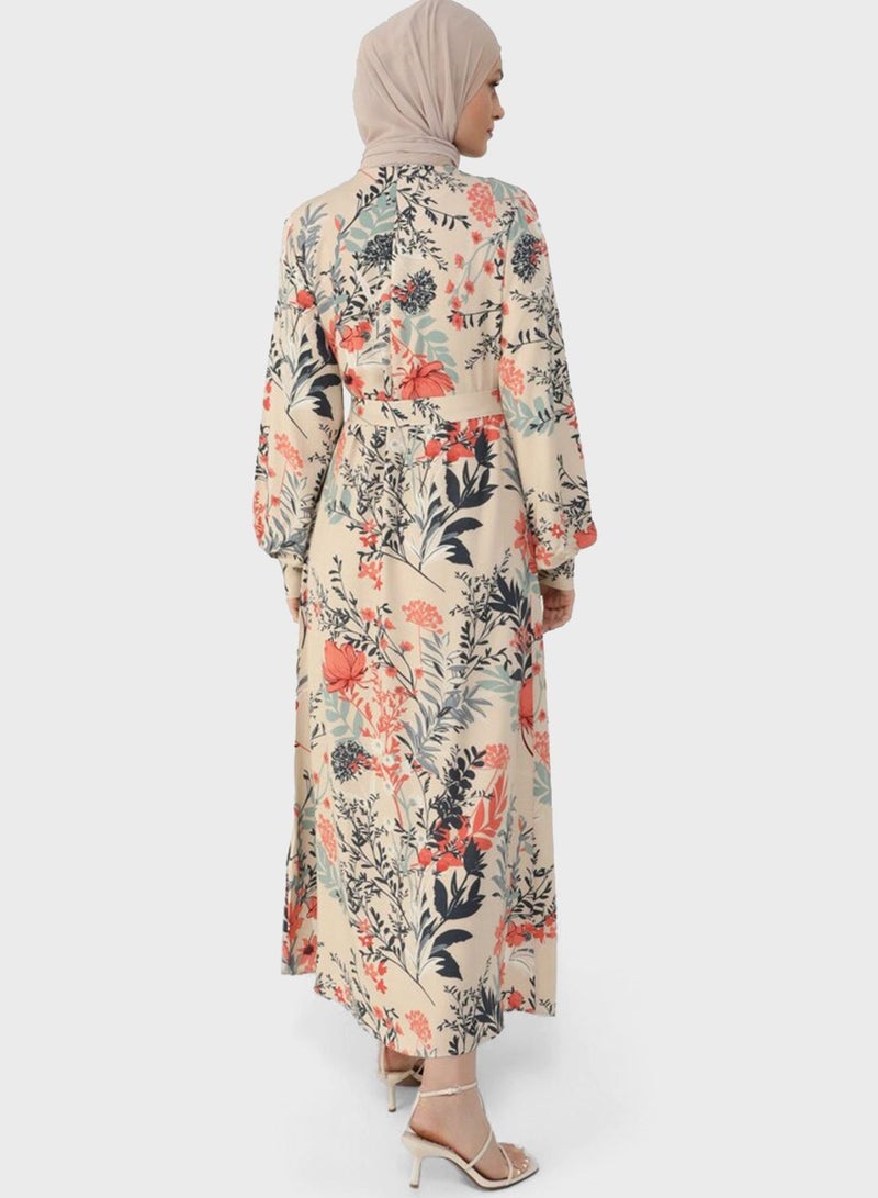 Crew Neck Balloon Sleeve Printed Dress