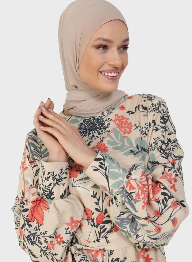 Crew Neck Balloon Sleeve Printed Dress