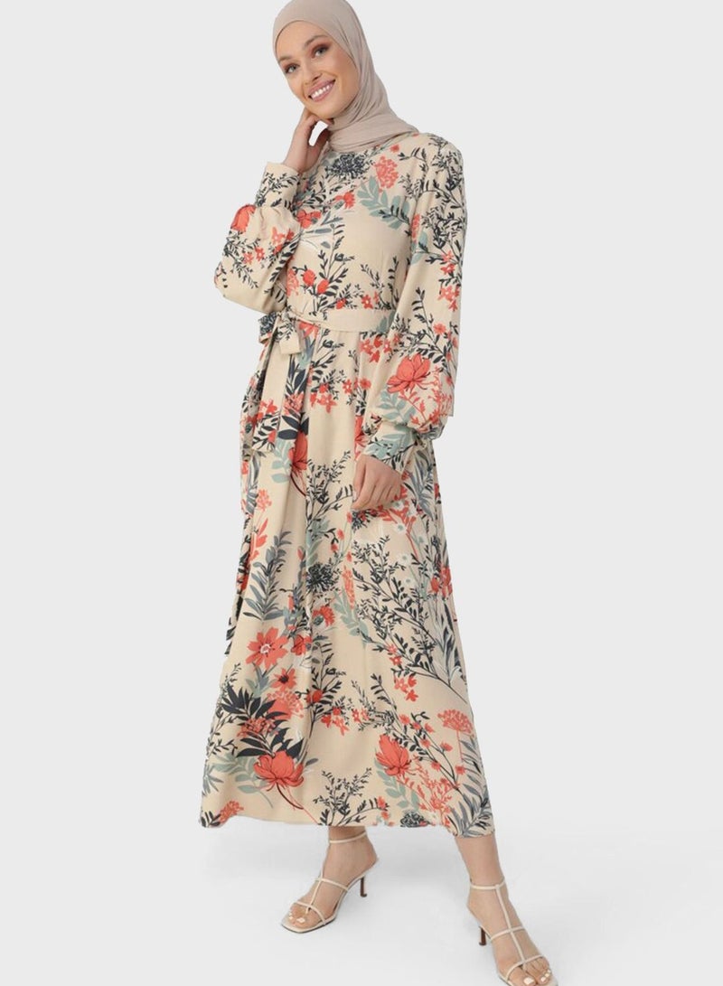 Crew Neck Balloon Sleeve Printed Dress