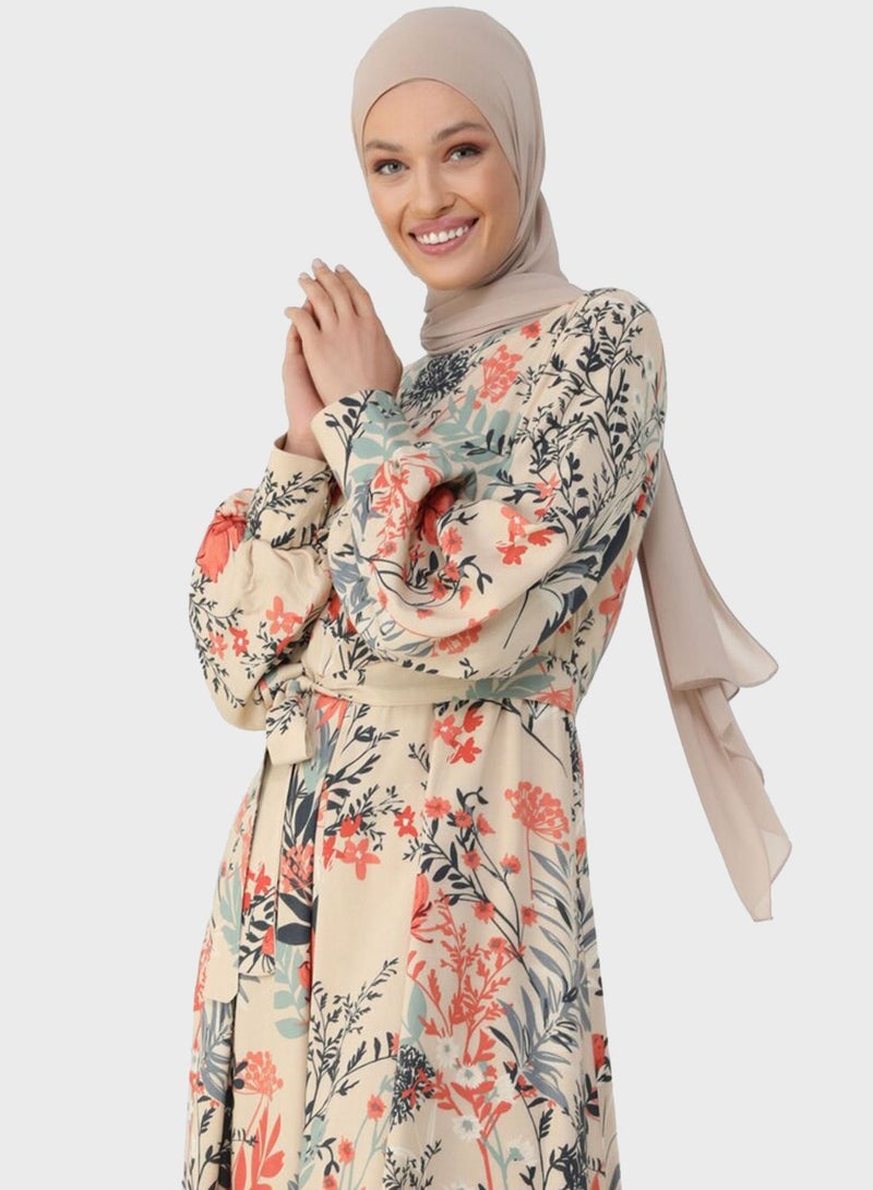 Crew Neck Balloon Sleeve Printed Dress