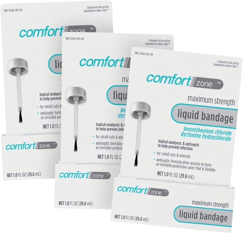 Comfort Zone Liquid Bandage, Antiseptic and Analgesic Protective Skin Treatment for Cuts and Wounds, 1 Ounce (Pack of 3)