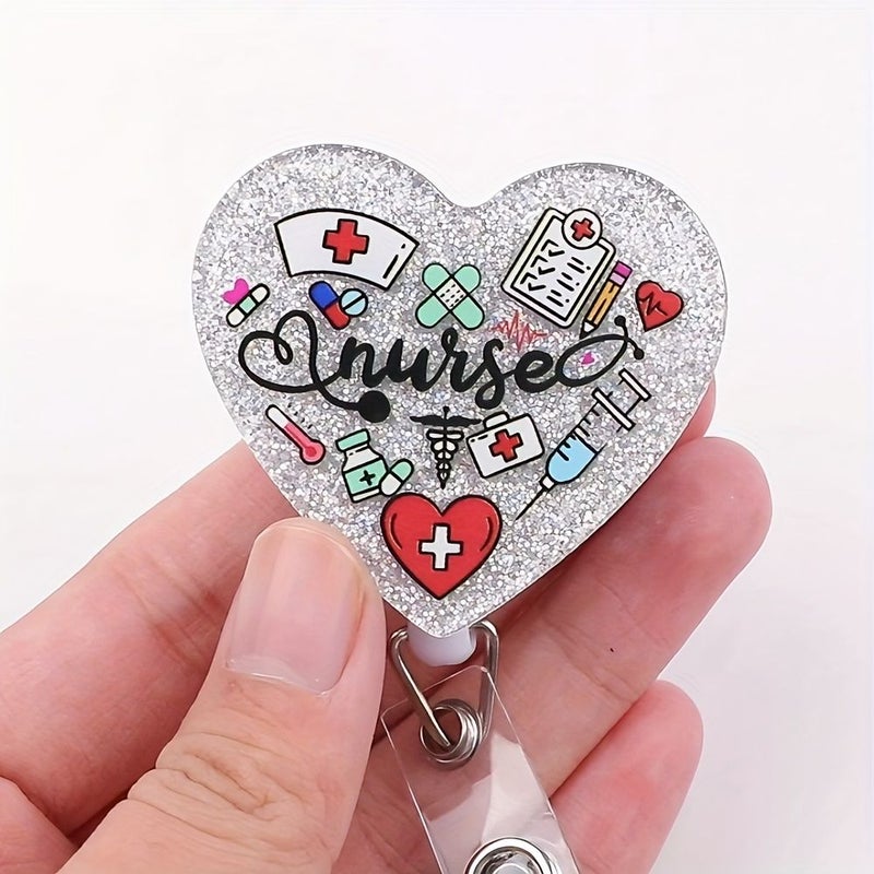 White 2D Flat Heart Shaped Nurse Lanyard with Metal Snap Hook and Alligator Clip - Image 1
