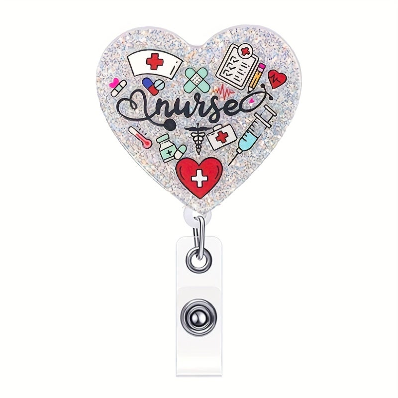 White 2D Flat Heart Shaped Nurse Lanyard with Metal Snap Hook and Alligator Clip - Image 2