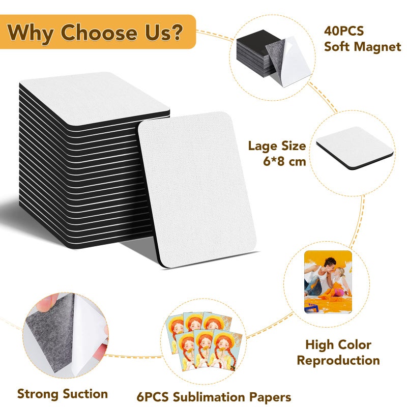 NEOACT 40 Pack Sublimation Magnet Blanks Set,Personalized Sublimation Refrigerator Magnet for Home Kitchen Microwave Oven Decor with 40PCS Soft Blank Rubber Pad(2.4''x3.1''), 40PCS DIY Soft Magnetic - Image 3