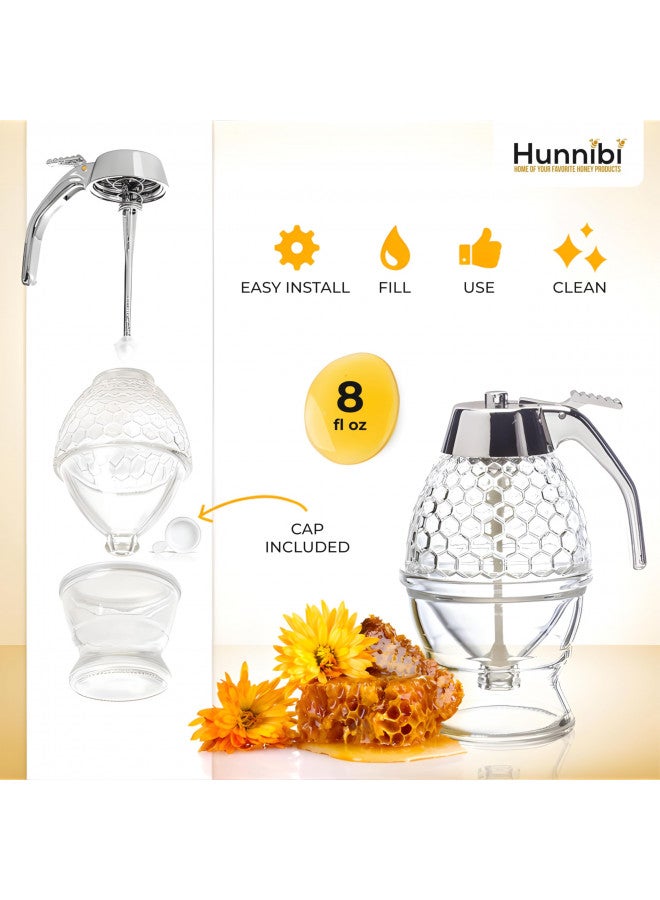 Hunnibi Hunnibi No Drip Glass Honey Dispenser with Stand - Honeycomb Shaped Honey Holder and Syrup Dispenser - Bee Decor Honey Storage Jar, Glass Honey Dispenser for Honey, Syrup - 11 x 6.6 inches, 8 oz  - Image 3