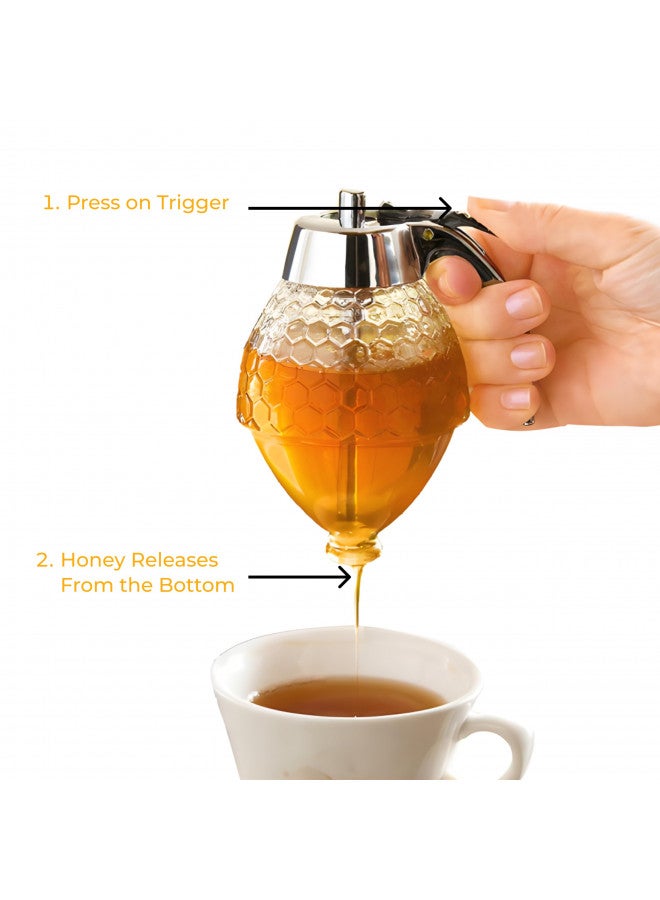 Hunnibi Hunnibi No Drip Glass Honey Dispenser with Stand - Honeycomb Shaped Honey Holder and Syrup Dispenser - Bee Decor Honey Storage Jar, Glass Honey Dispenser for Honey, Syrup - 11 x 6.6 inches, 8 oz  - Image 4