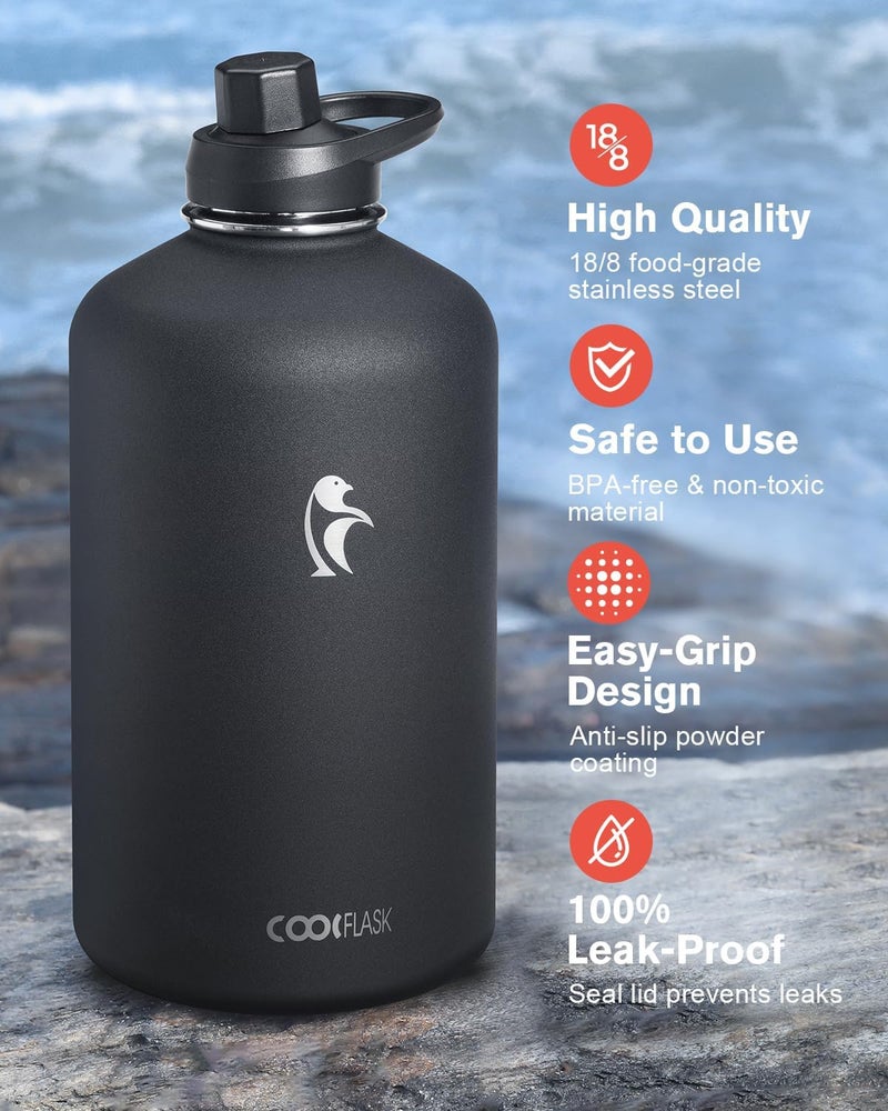 Coolflask 128 oz Water Bottle Insulated with PU Leather Sleeve, Gallon Water Bottle Color Contrast with Straw Lids, Stainless Steel Metal Large Water Jug, Keep Cold 48h Hot 24h,Polar Black - Image 5