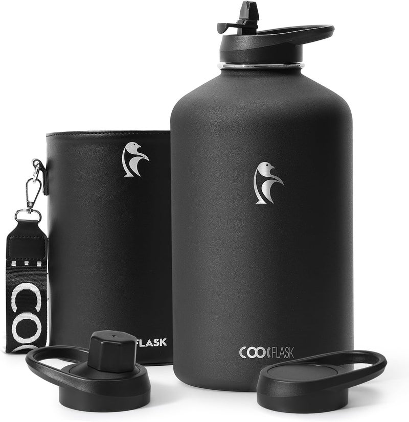 Coolflask 128 oz Water Bottle Insulated with PU Leather Sleeve, Gallon Water Bottle Color Contrast with Straw Lids, Stainless Steel Metal Large Water Jug, Keep Cold 48h Hot 24h,Polar Black - Image 1