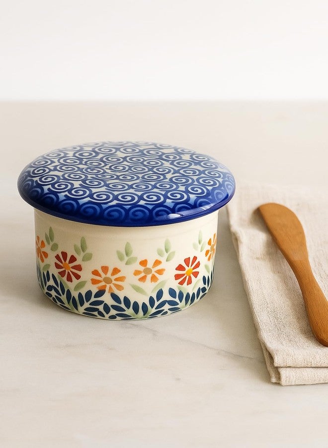 Blue Rose Pottery طبق زبدة فرنسي من الخزف البولندي "بلو روز" - بنقشة باقة زهور برتقالية - يتسع لقطعة زبدة واحدة - طبق زبدة لتنظيم وتخزين الزبدة على سطح الطاولة - Image 4
