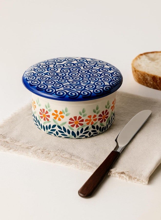 Blue Rose Pottery طبق زبدة فرنسي من الخزف البولندي "بلو روز" - بنقشة باقة زهور برتقالية - يتسع لقطعة زبدة واحدة - طبق زبدة لتنظيم وتخزين الزبدة على سطح الطاولة - Image 5