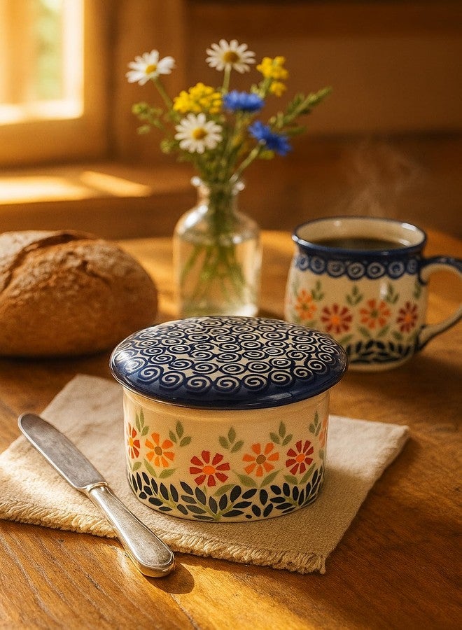 Blue Rose Pottery طبق زبدة فرنسي من الخزف البولندي "بلو روز" - بنقشة باقة زهور برتقالية - يتسع لقطعة زبدة واحدة - طبق زبدة لتنظيم وتخزين الزبدة على سطح الطاولة - Image 3