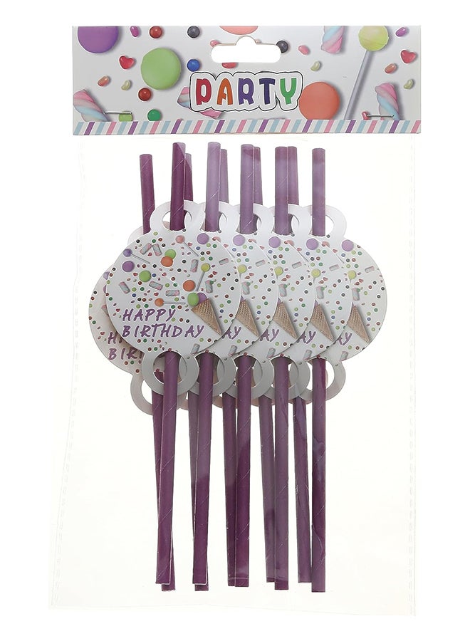 10pc Plastic Reusable Purple Color Straws Printed Happy Birthday, Ice Cream Cones and Confetti For For All Ages Party & Occasions 