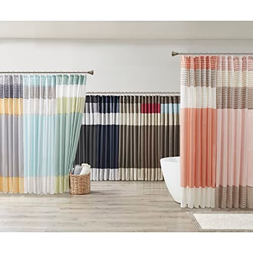 Madison Park Amherst Bathroom Shower Curtain Faux Silk Pieced Striped Modern Microfiber Bath Curtains, 72x72 Inches, Coral - Image 2