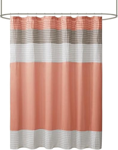 Madison Park Amherst Bathroom Shower Curtain Faux Silk Pieced Striped Modern Microfiber Bath Curtains, 72x72 Inches, Coral - Image 1