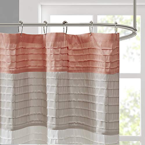 Madison Park Amherst Bathroom Shower Curtain Faux Silk Pieced Striped Modern Microfiber Bath Curtains, 72x72 Inches, Coral - Image 3