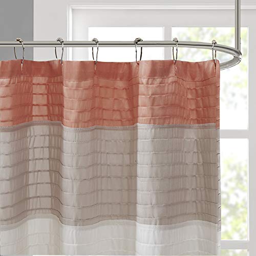 Madison Park Amherst Bathroom Shower Curtain Faux Silk Pieced Striped Modern Microfiber Bath Curtains, 72x72 Inches, Coral - Image 4