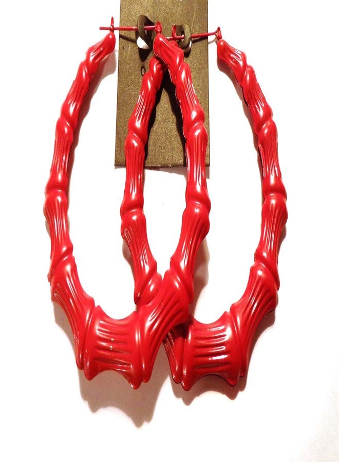 سوبر ستار أقراط حلقية كبيرة بلون الخيزران، 3.5 بوصة، حلقات خيزران حمراء - Image 1