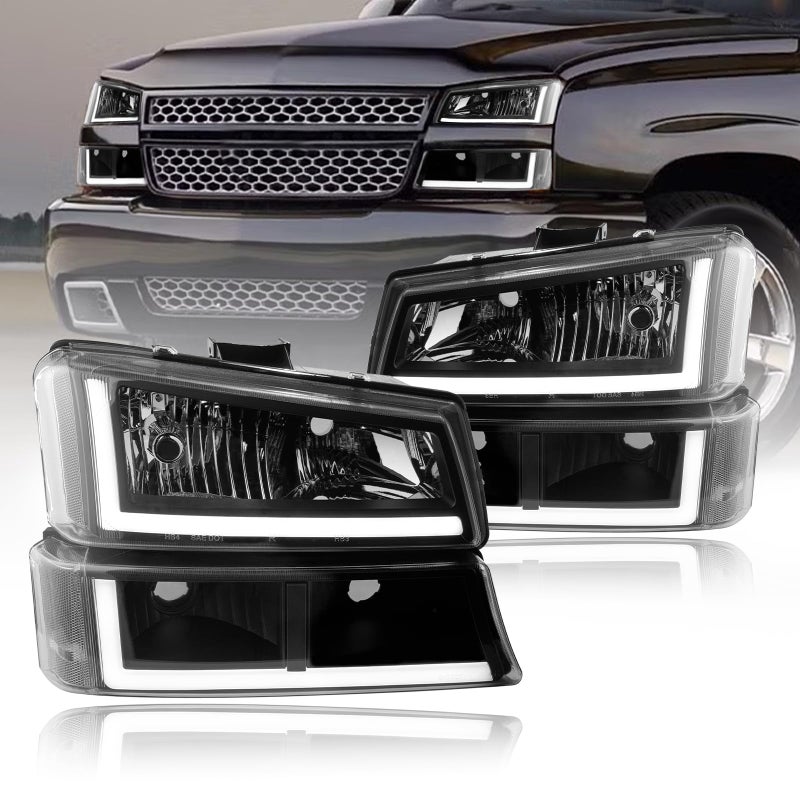 Fullux LED DRL Headlights Assembly Compatible with 2003-2006 Chevy Silverado/2003-2006 Avalanche without Factory Cladding Replacements Clear Reflector Black Housing - Image 1