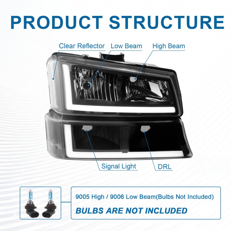 Fullux LED DRL Headlights Assembly Compatible with 2003-2006 Chevy Silverado/2003-2006 Avalanche without Factory Cladding Replacements Clear Reflector Black Housing - Image 3