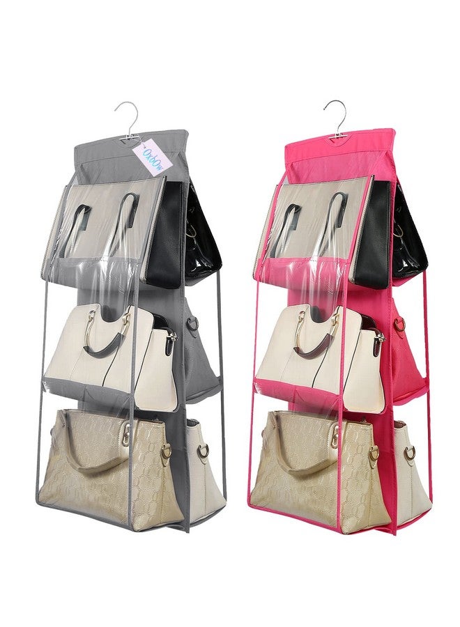 Oxbow OxbOw 2Pcs Combo 6 Pocket Handbag Organizer, Bag Organiser For Ladies Handbags, Purse Organiser For Handbag, Closet Organizer For Wardrobe, Tote Bag Organiser, Bag Hanger, 90 X 35 X 35 Cm (Grey+Pink) - Image 1
