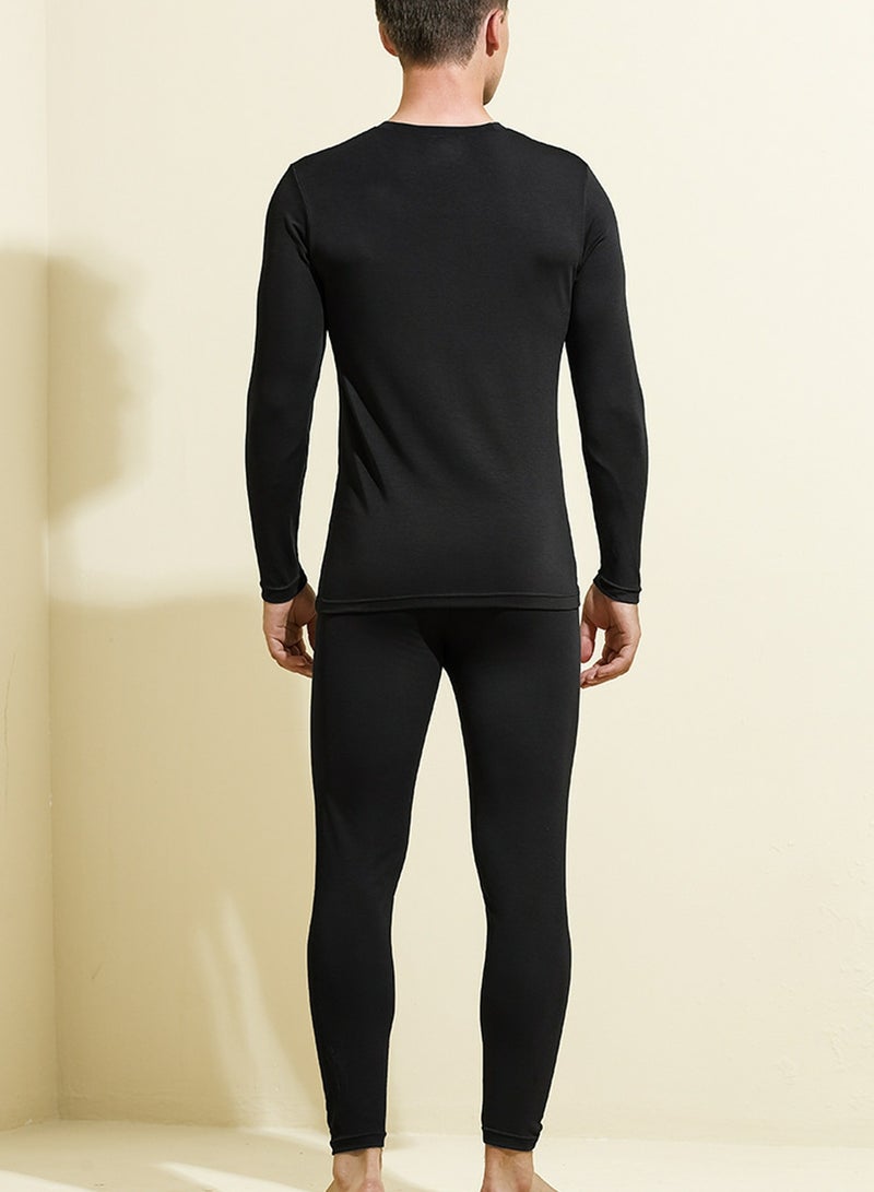إسكدنيا Mens Solid Color Thin Long Johns And Thermal Underwear Set 2 Piece Base Layer Set for Men Black  - Image 2