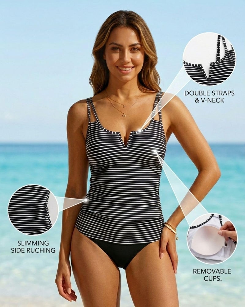 Yonique Women Tankini Bathing Suit Top - Ruched Tummy Control Swimsuit Top Modest Swim Tank Top Only No Bottom 2025 Stripe L - Image 4