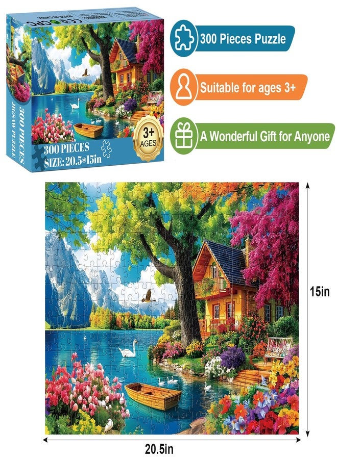 Edsjegn 300 Piece Puzzles for Adults,Vintage Lake House Jigsaw Puzzle for Adults Kids Elderly,Large Piece Tree Puzzle for Kids Age 8-10 10-12,Challenging Landscape Puzzle,Family Game Great Gift 20.5x15in - Image 2