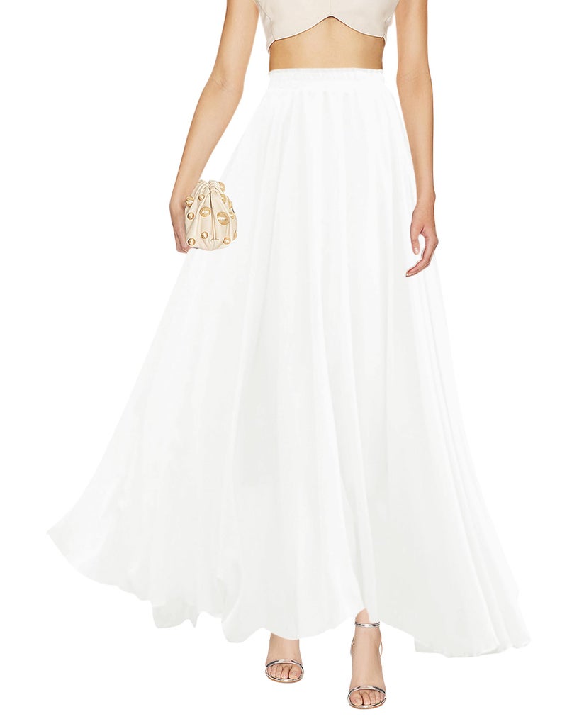 v28 Women FullAnkle Length Flowy Elastic Retro High Waisted Long Chiffon Maxi Skirt MWhite