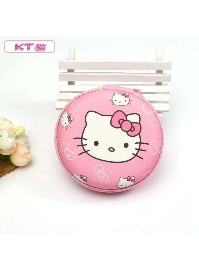 Korean Style Simple Mini Headset Charger Data Cable Bag Change Cosmetic Bag Cartoon Portable Storage Bag Storage Box-Color:Printed Round Bag-KT Cat  - Image 1