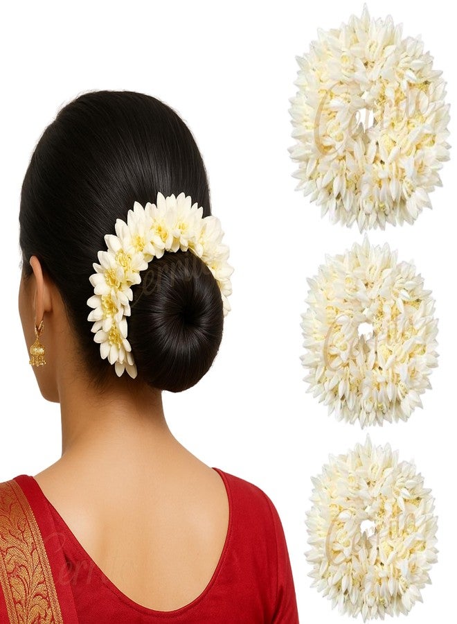 Cerrito Scented Mogra Gajra Hair Bun Scrunchie - White Artificial Jasmine Flower Band for Women Girls | Juda Accessory for Wedding, Festive, Traditional, Party, Reusable Styling Look (3 Pcs) - Image 1