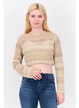 Don't Call Me Jennyfer Women Round Neck Eyelet Knitted Sweater, Tan  - Image 1