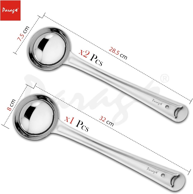 Parage 3 Pieces Stainless Steel Ladle Set for Kitchen Cooking and Serving, Pack of 3, Karchi/Soup Ladle/Kalchun, Silver (Size: 12.5 inches x 1, 11 inches x 2) - Image 2