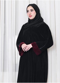 Black velvet cloche abaya with burgundy pattered sleeves - pzsku/ZEFB3C5A95BEC8BB838EFZ/45/_/1732610375/4f3f207a-43b4-4ca1-b232-4d5eb9803390